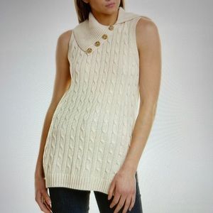 Jeanne Pierre Fold-Over Neck Tunic Sweater Beige Large